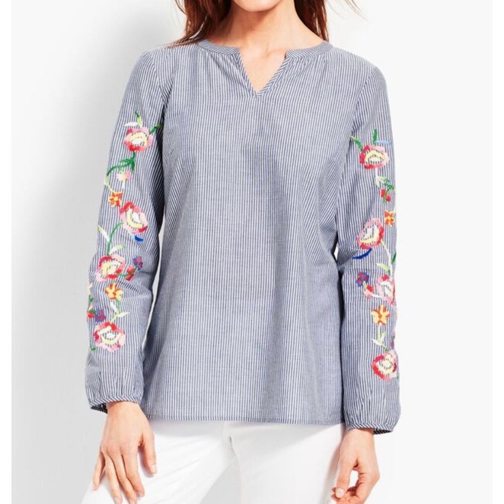 EUC Women’s Talbots Blue Striped Embroidered Popover Blouse Tunic Shirt Small